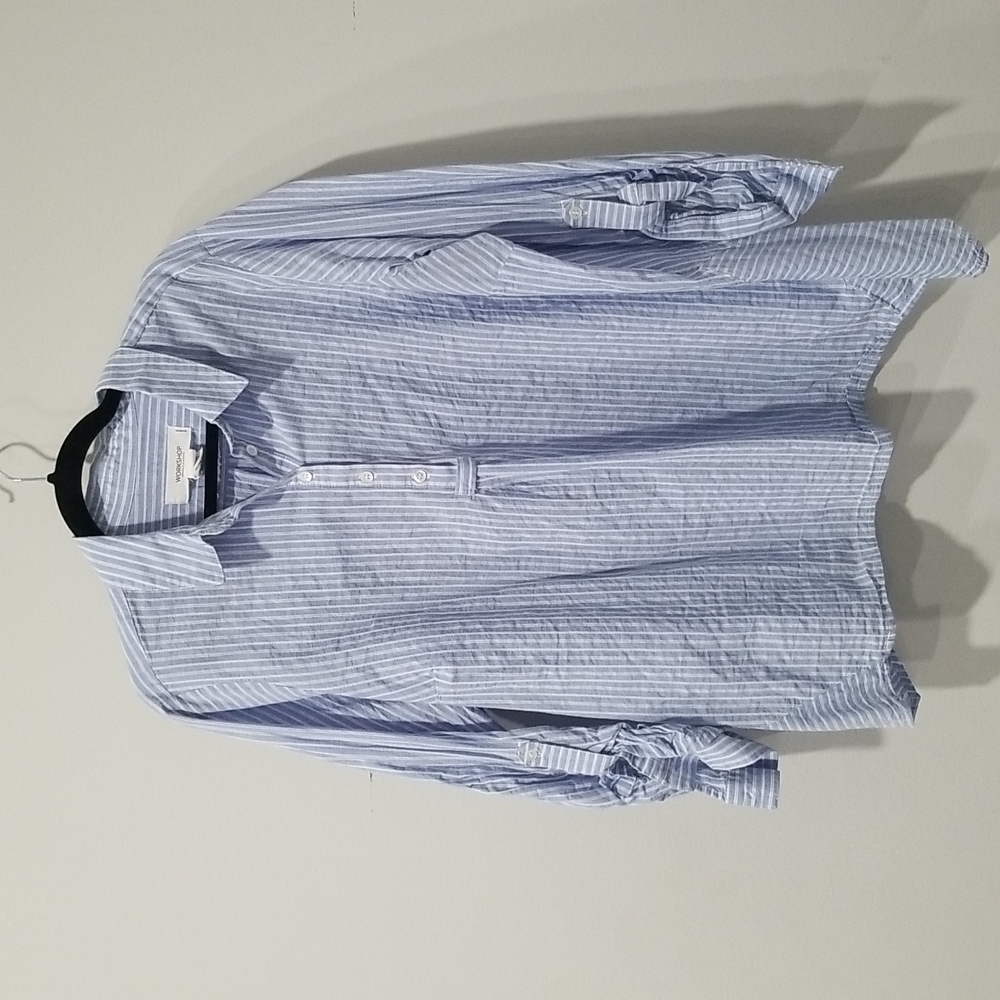 Blue Striped Cotton Button Down Blouse, 2X